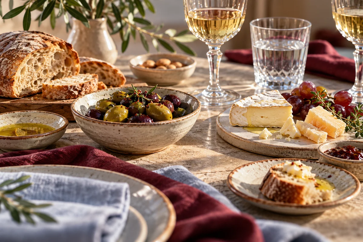 Illustratieve aperitieftafel met brood, kaas, olijven en glazen
